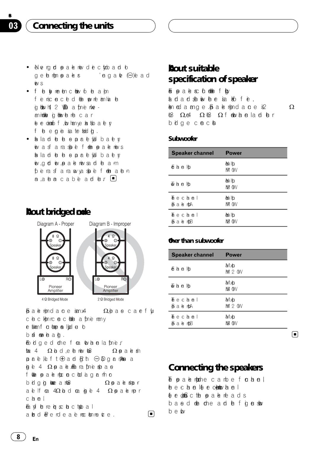 Pioneer GM-6400F Connecting the units, About bridged mode, About suitable specification of speaker, Other than subwoofer 