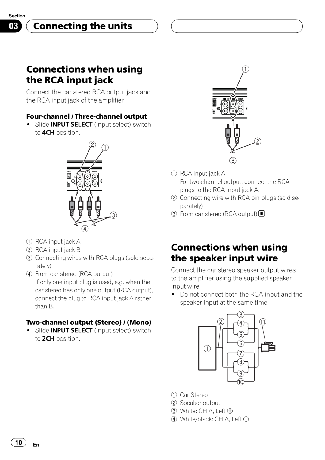 Pioneer GM-6400F owner manual Connections when using the RCA input jack, Connections when using the speaker input wire 