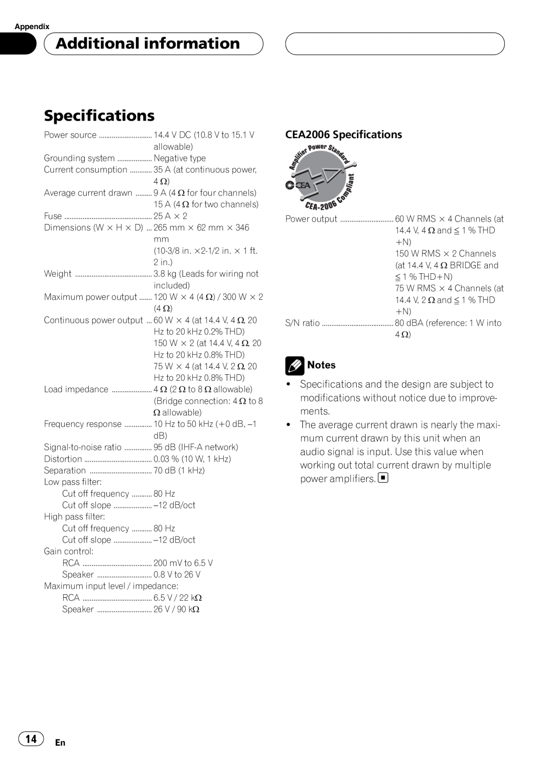 Pioneer GM-6400F owner manual Additional information Specifications, CEA2006 Specifications 