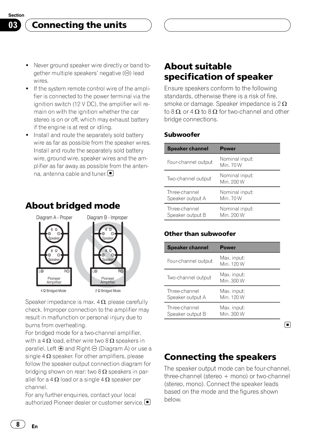 Pioneer GM-6400F owner manual Connecting the units, About bridged mode, About suitable specification of speaker 