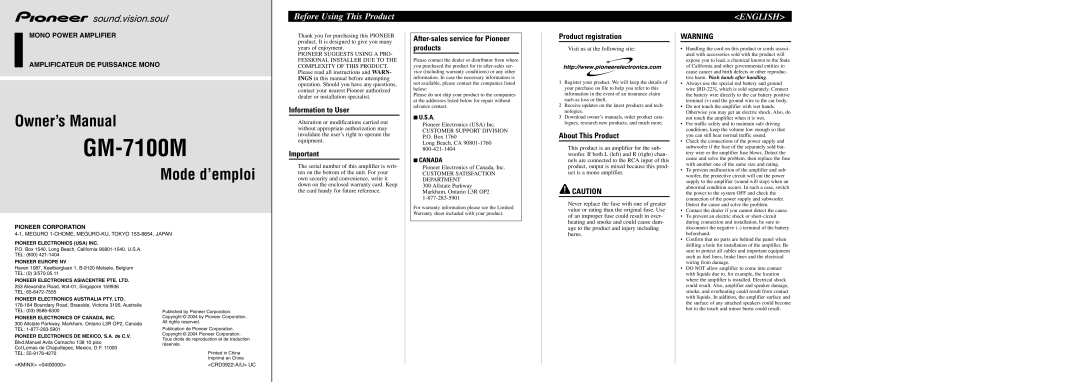 Pioneer GM-7100M owner manual Before Using This Product, English 