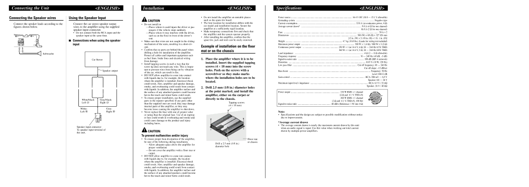 Pioneer GM-7100M owner manual Installation, Specifications, Connecting the Speaker wires, Using the Speaker Input 