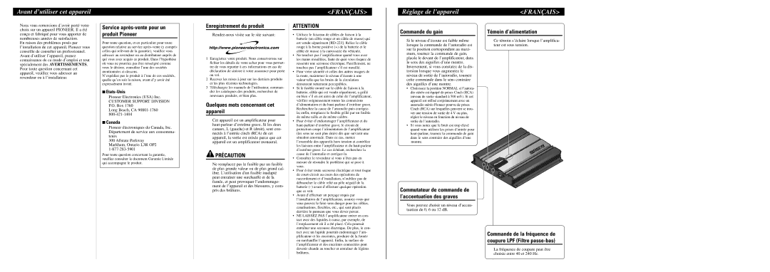 Pioneer GM-7100M owner manual Avant d’utiliser cet appareil, Français, Réglage de l’appareil, Précaution 