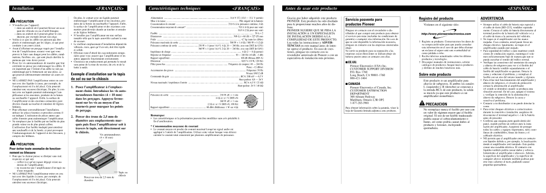 Pioneer GM-7100M owner manual Caractéristiques techniques, Antes de usar este producto, Español, Precaucion, Advertencia 