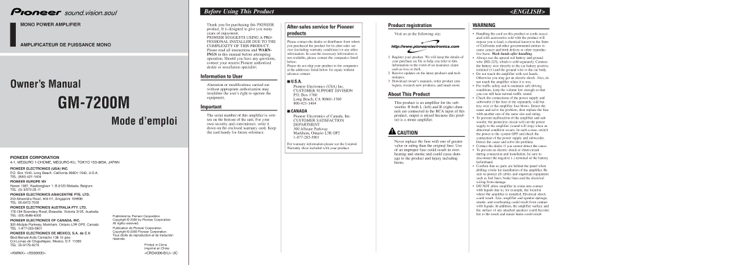 Pioneer GM-7200M owner manual Before Using This Product, English 