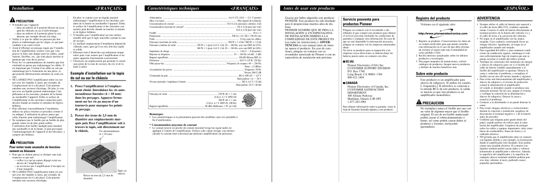 Pioneer GM-7200M owner manual Caractéristiques techniques, Antes de usar este producto, Español, Precaucion, Advertencia 