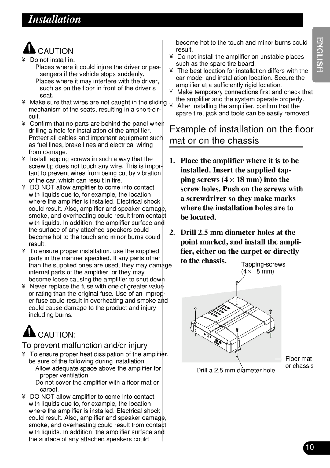 Pioneer GM-7300M owner manual Installation, Mat or on the chassis, To prevent malfunction and/or injury 