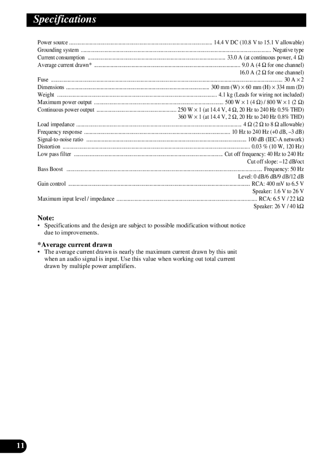 Pioneer GM-7300M owner manual Specifications, Average current drawn 