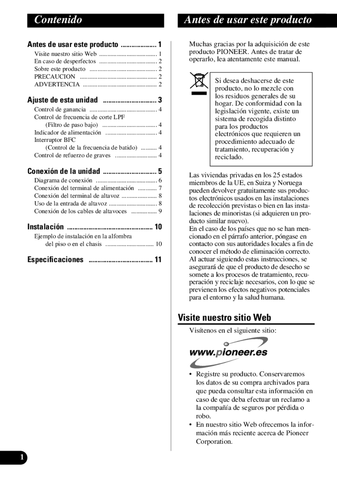 Pioneer GM-7300M owner manual Contenido, Visite nuestro sitio Web, Control de frecuencia de corte LPF, Interruptor BFC 