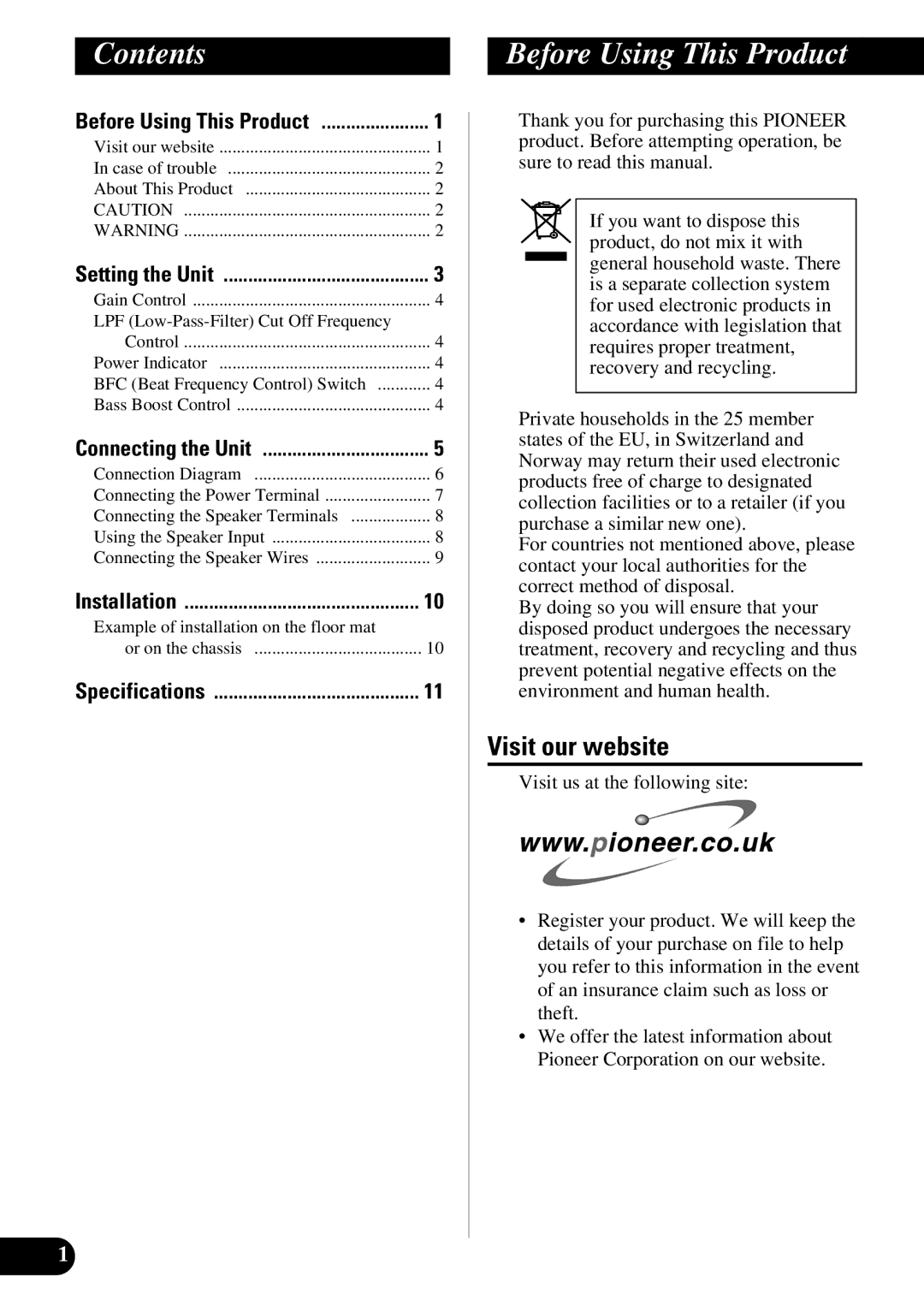 Pioneer GM-7300M owner manual Contents, Before Using This Product 