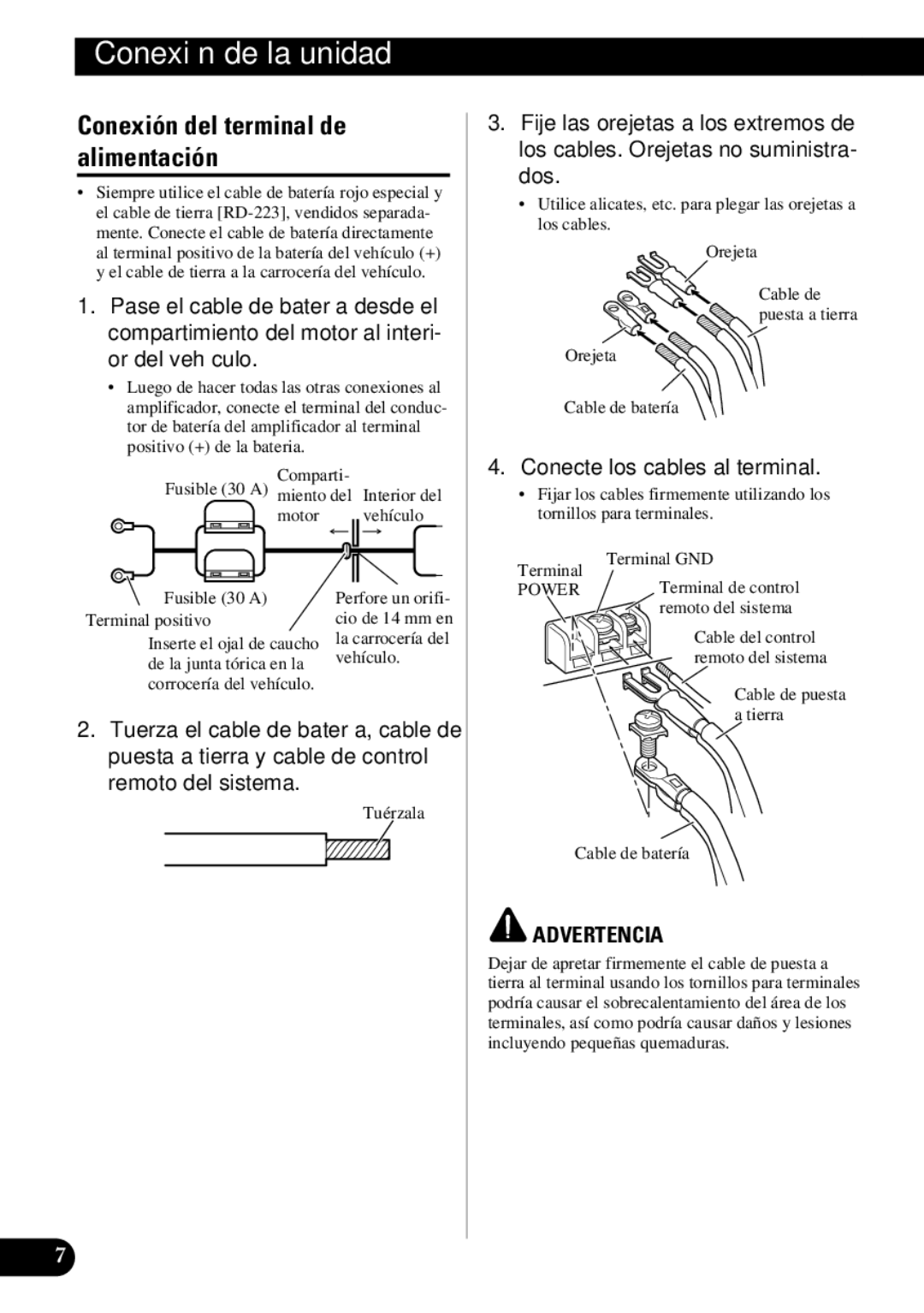 Pioneer GM-7300M owner manual Conexión del terminal de alimentación, Conecte los cables al terminal 