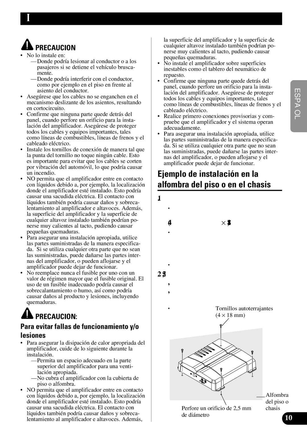 Pioneer GM-7300M owner manual Instalación, Ejemplo de instalación en la, Para evitar fallas de funcionamiento y/o lesiones 