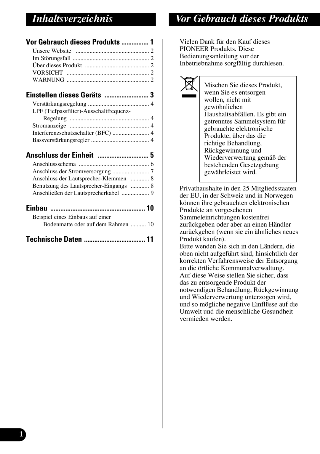 Pioneer GM-7300M owner manual Inhaltsverzeichnis, Vor Gebrauch dieses Produkts, LPF Tiefpassfilter-Ausschaltfrequenz 