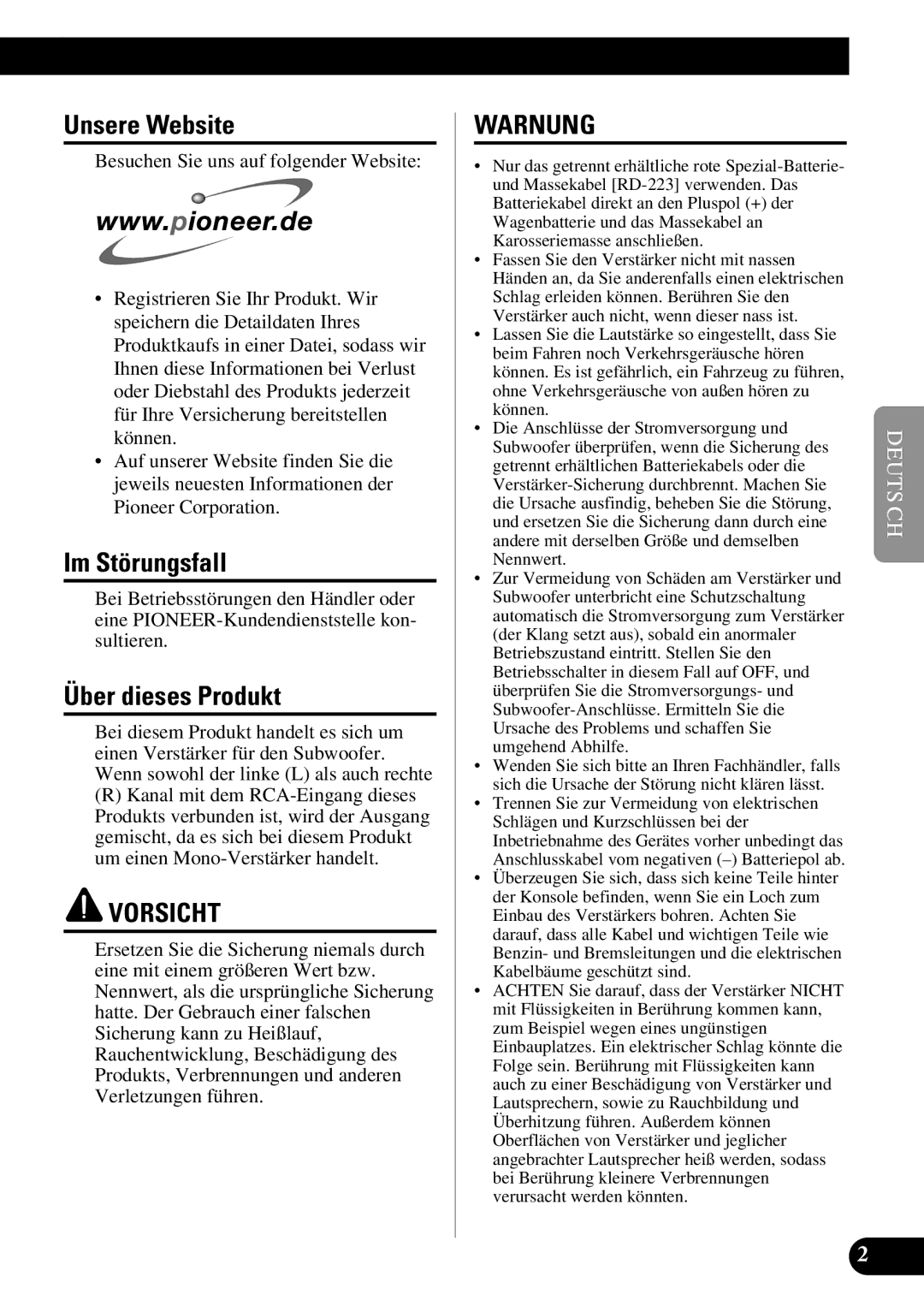 Pioneer GM-7300M owner manual Unsere Website, Im Störungsfall, Über dieses Produkt 