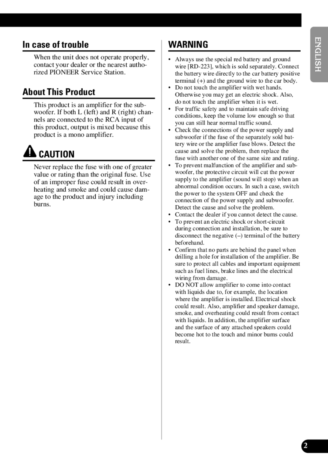 Pioneer GM-7300M owner manual Case of trouble, About This Product 