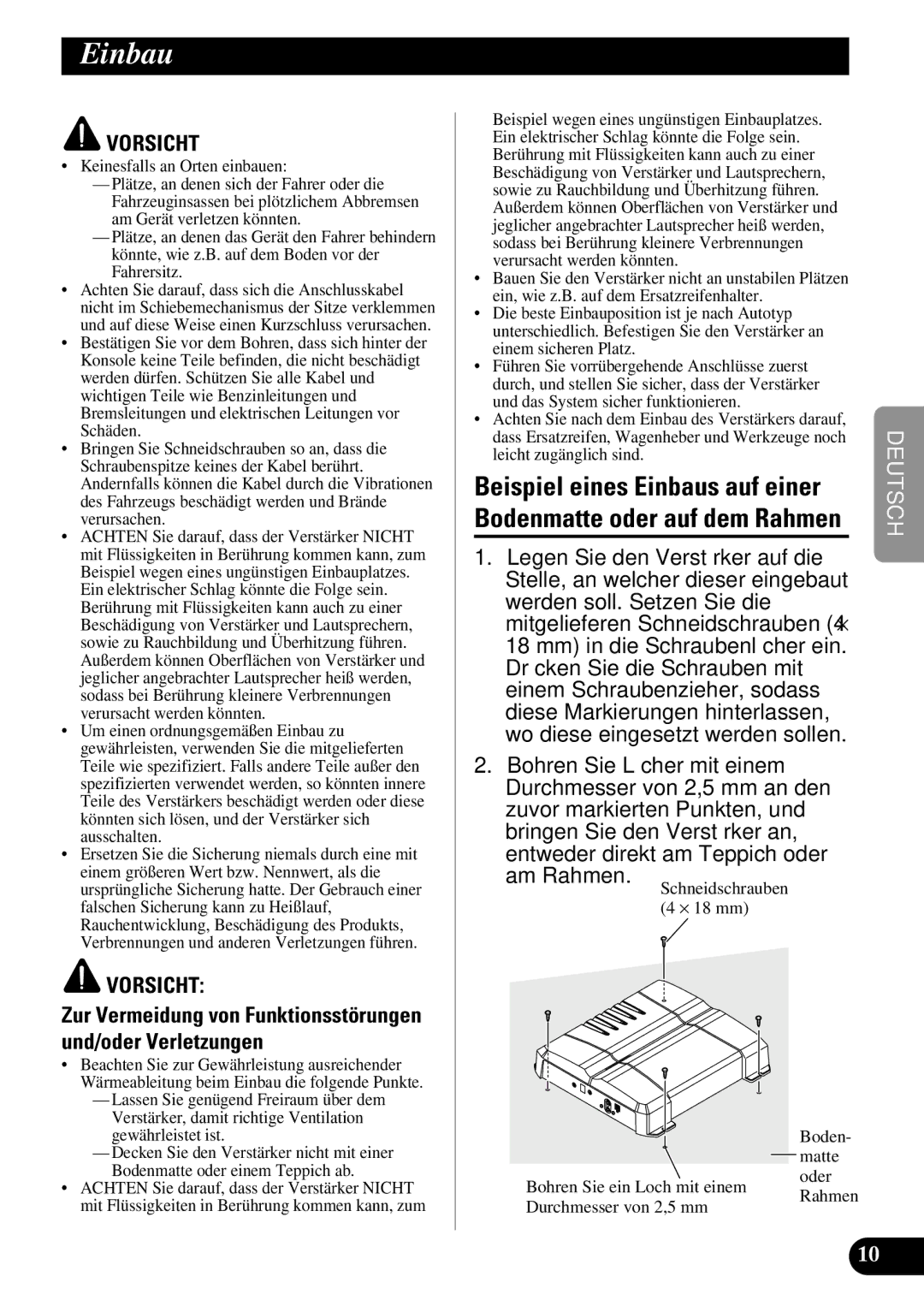 Pioneer GM-7300M owner manual Einbau, Durchmesser von 2,5 mm 