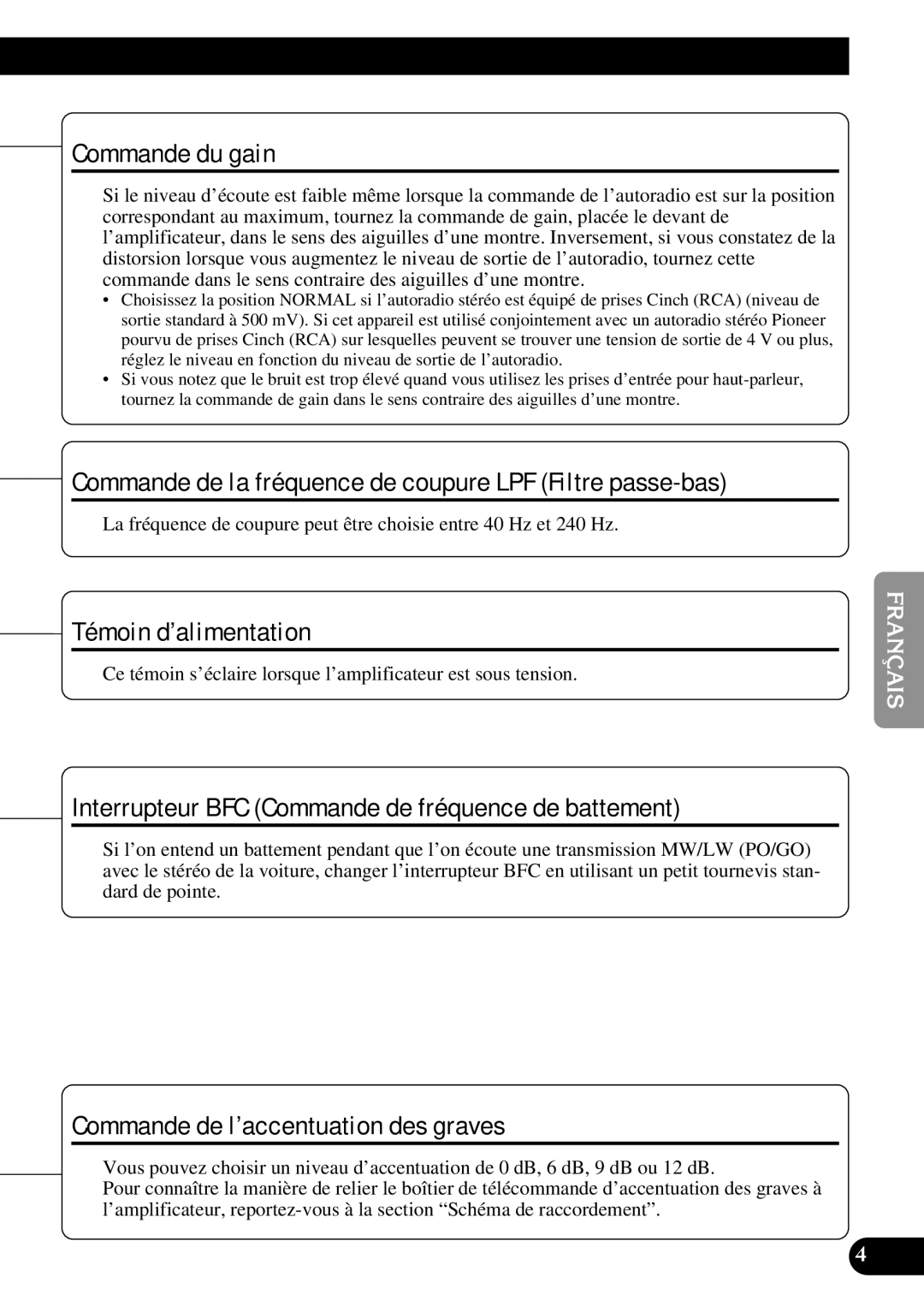 Pioneer GM-7300M Commande du gain, Commande de la fréquence de coupure LPF Filtre passe-bas, Témoin d’alimentation 