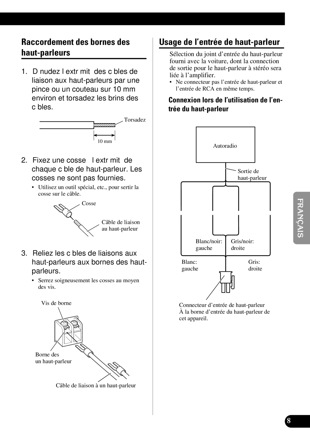 Pioneer GM-7300M owner manual Raccordement des bornes des haut-parleurs, Usage de l’entrée de haut-parleur 