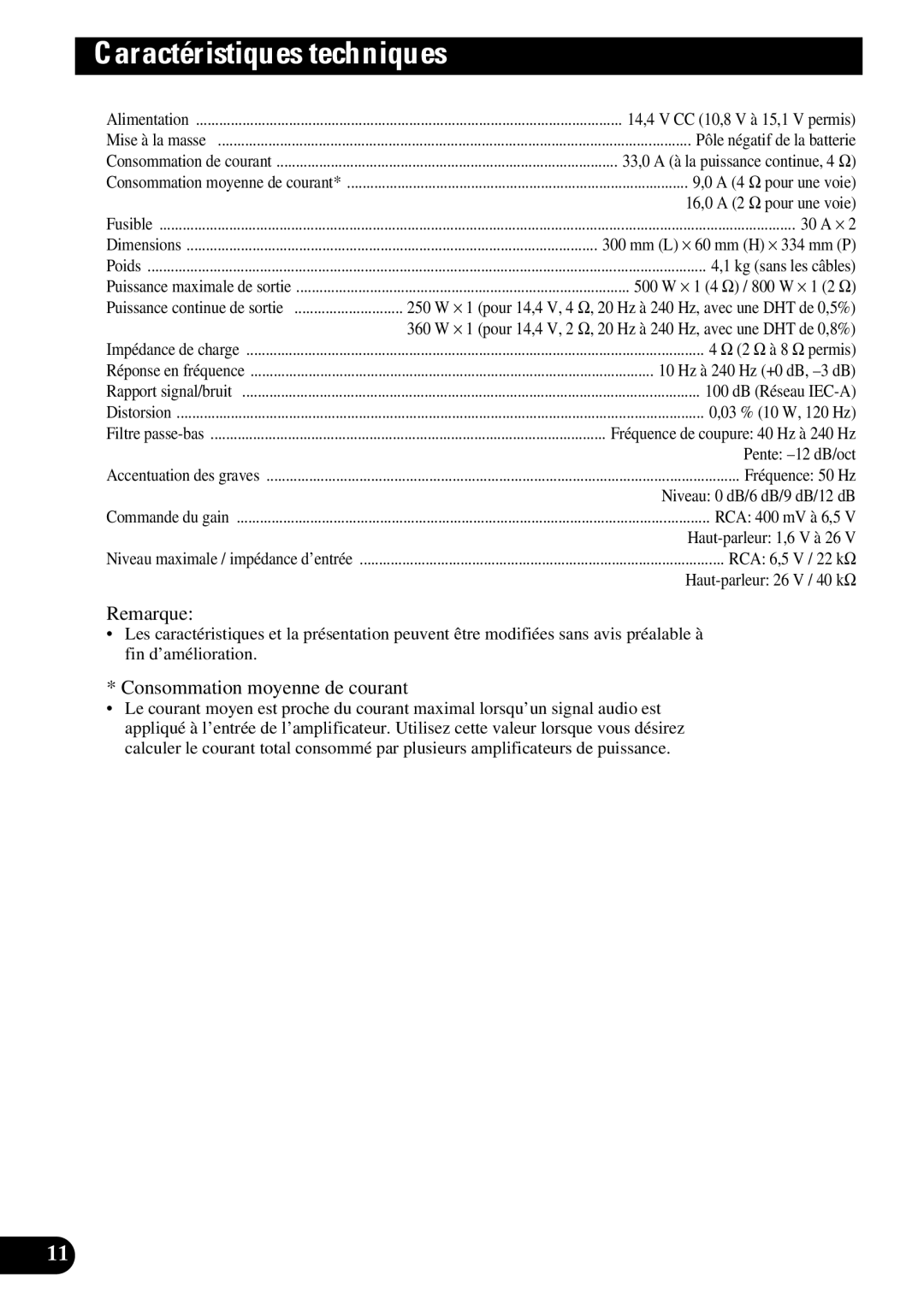 Pioneer GM-7300M owner manual Caractéristiques techniques, Remarque, Consommation moyenne de courant 