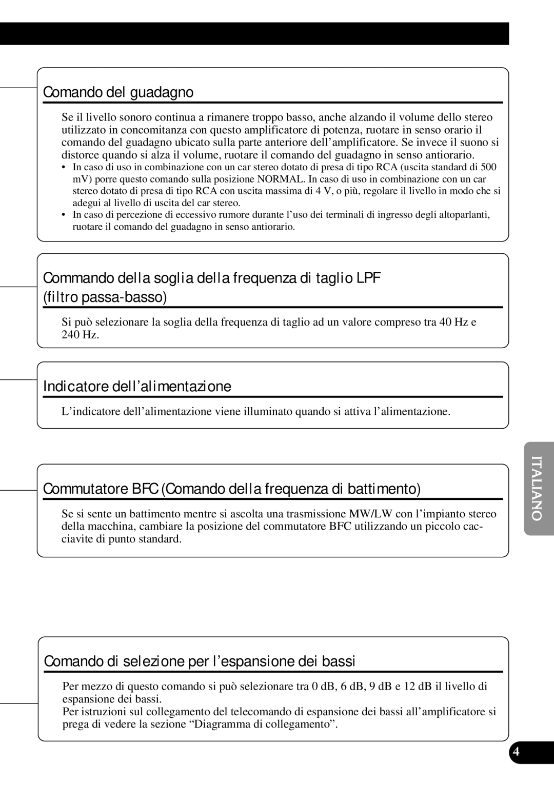 Pioneer GM-7300M Comando del guadagno, Indicatore dell’alimentazione, Comando di selezione per l’espansione dei bassi 