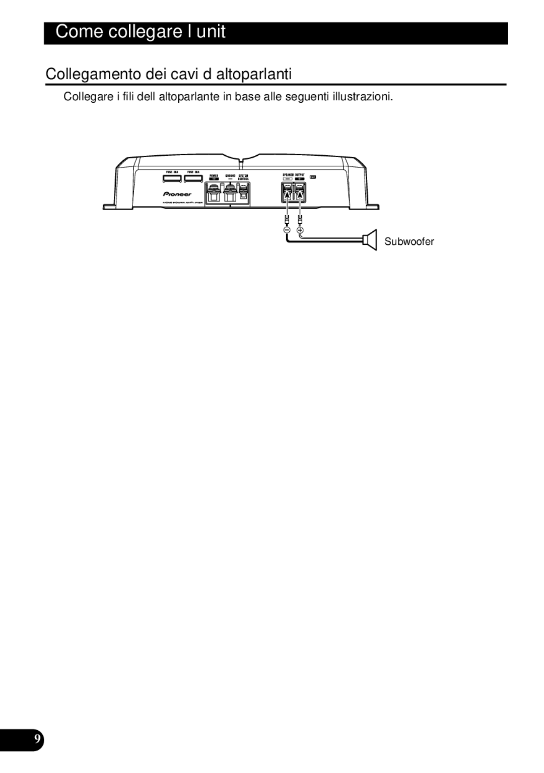 Pioneer GM-7300M owner manual Collegamento dei cavi d’altoparlanti, Subwoofer 