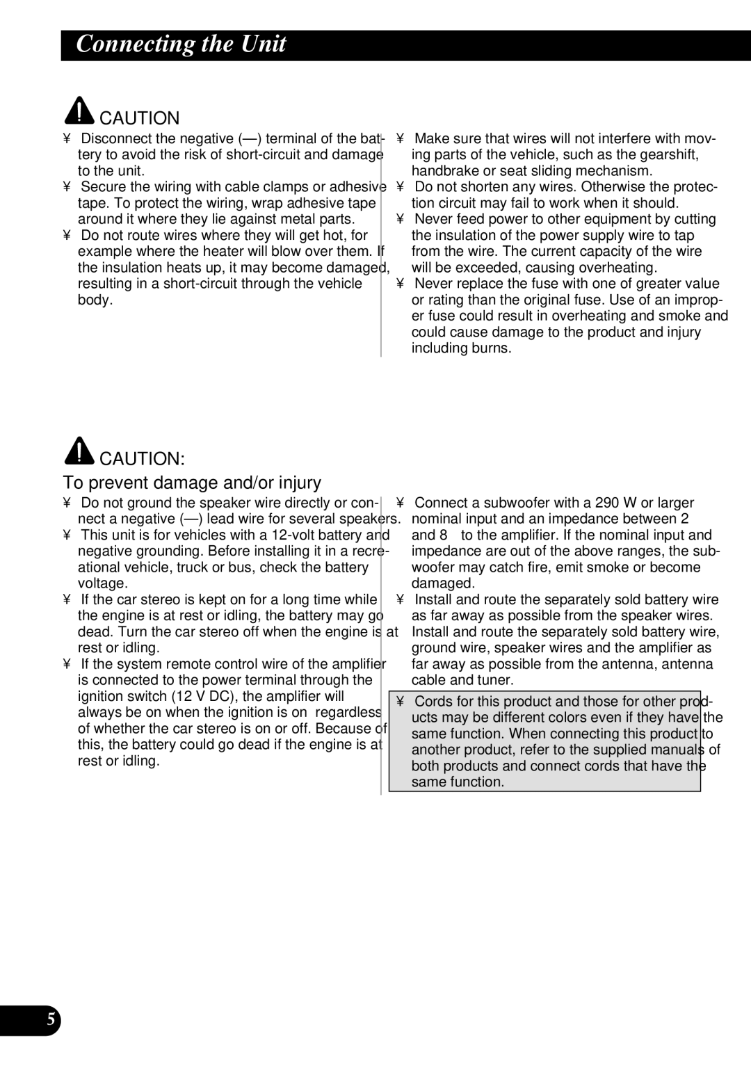 Pioneer GM-7300M owner manual Connecting the Unit, To prevent damage and/or injury 