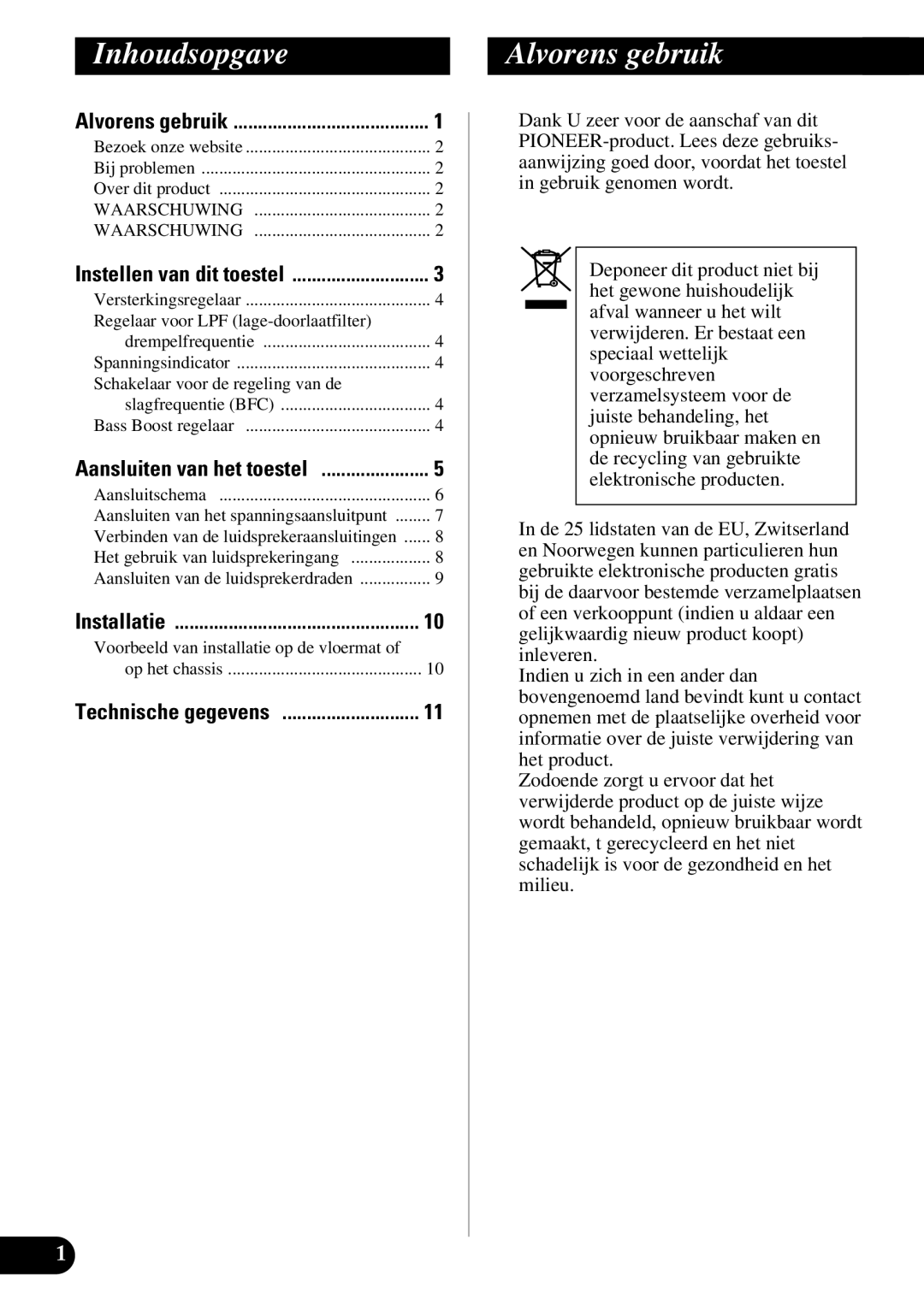 Pioneer GM-7300M owner manual Inhoudsopgave, Alvorens gebruik, Regelaar voor LPF lage-doorlaatfilter 