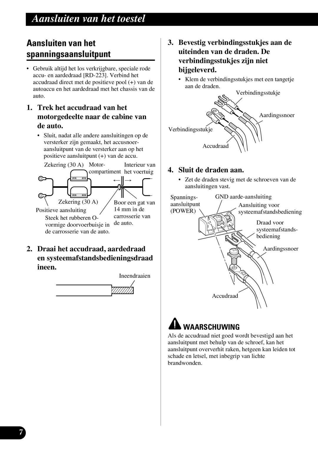 Pioneer GM-7300M owner manual Aansluiten van het spanningsaansluitpunt, Sluit de draden aan 