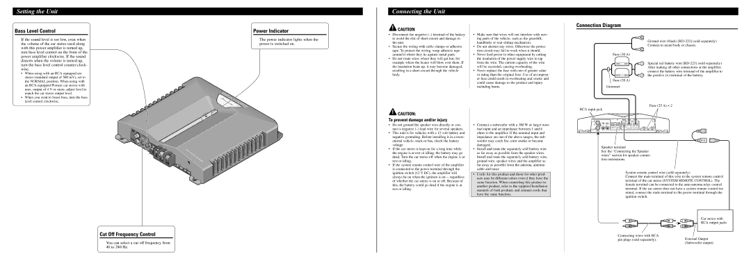 Pioneer GM-D510M Setting the Unit, Connecting the Unit, Bass Level Control, Connection Diagram, Cut Off Frequency Control 