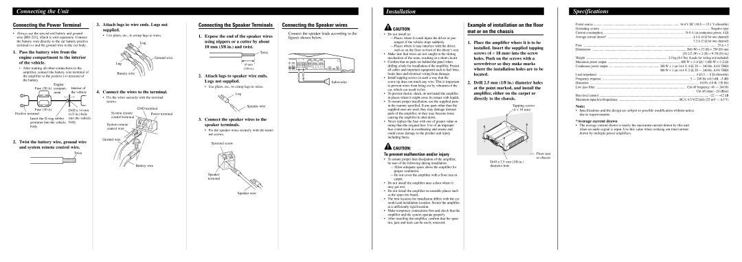 Pioneer GM-D510M owner manual Installation, Specifications, Connecting the Power Terminal, Connecting the Speaker wires 