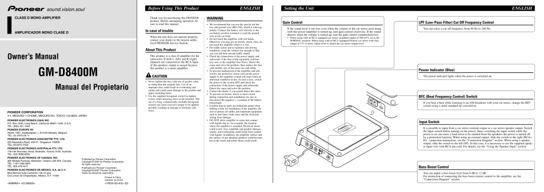 Pioneer GM-D8400M owner manual Before Using This Product, Setting the Unit 