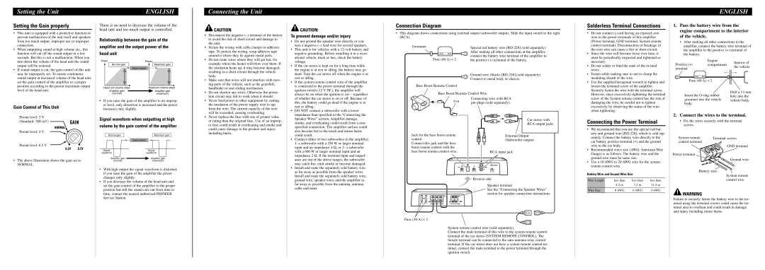 Pioneer GM-D8400M Connecting the Unit, Setting the Gain properly, Connection Diagram, Connecting the Power Terminal 