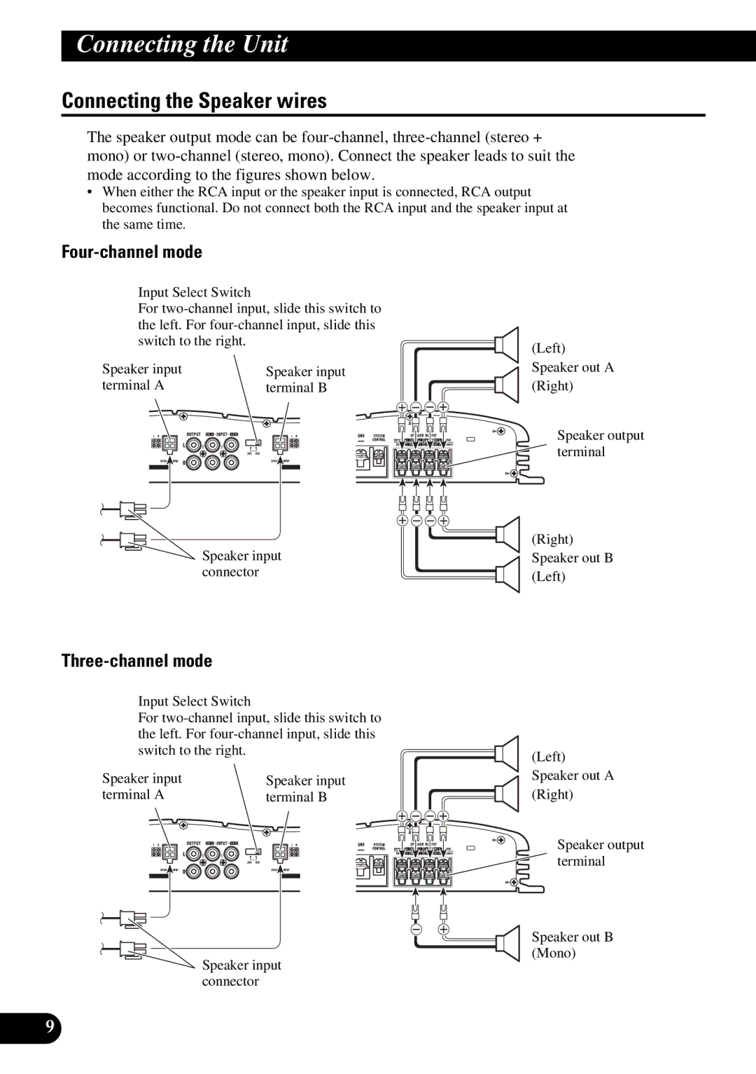 Pioneer GM-X354 owner manual Connecting the Speaker wires, Four-channel mode, Three-channel mode, Terminal a Terminal B 