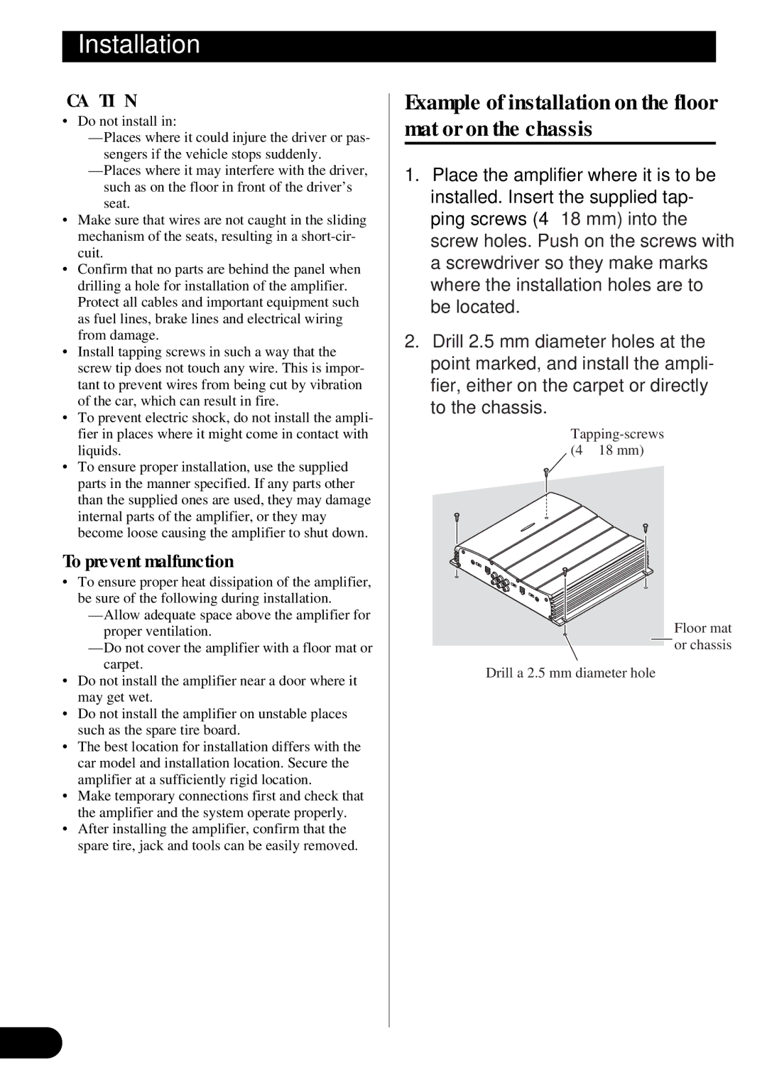 Pioneer GM-X354 Installation, Example of installation on the floor mat or on the chassis, To prevent malfunction 