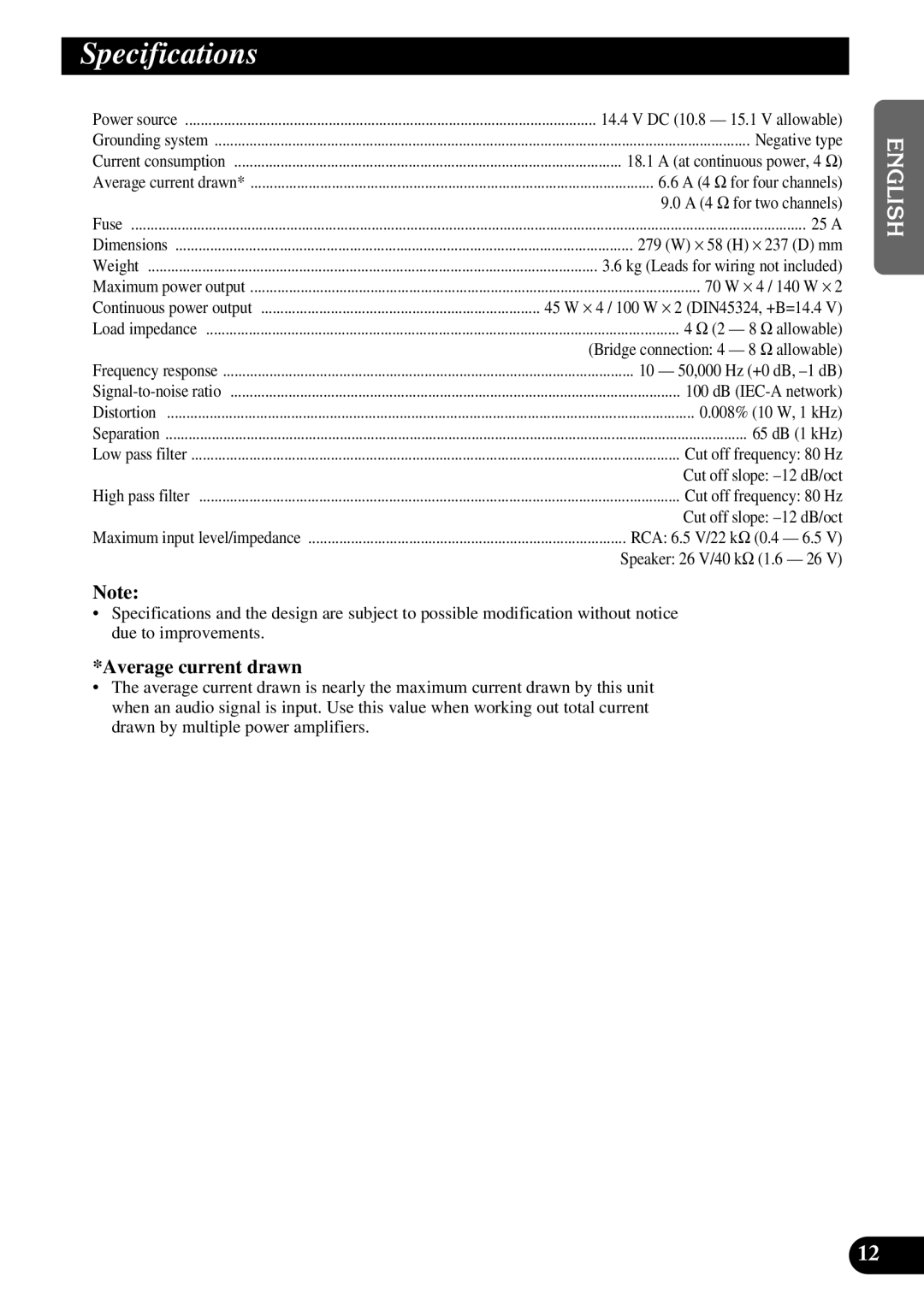 Pioneer GM-X354 owner manual Specifications, Average current drawn 