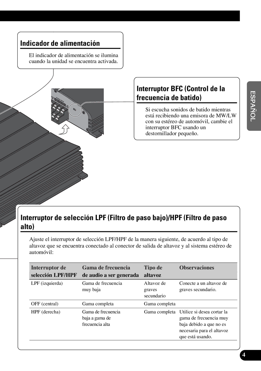 Pioneer GM-X354 owner manual Indicador de alimentación, Interruptor BFC Control de la frecuencia de batido 