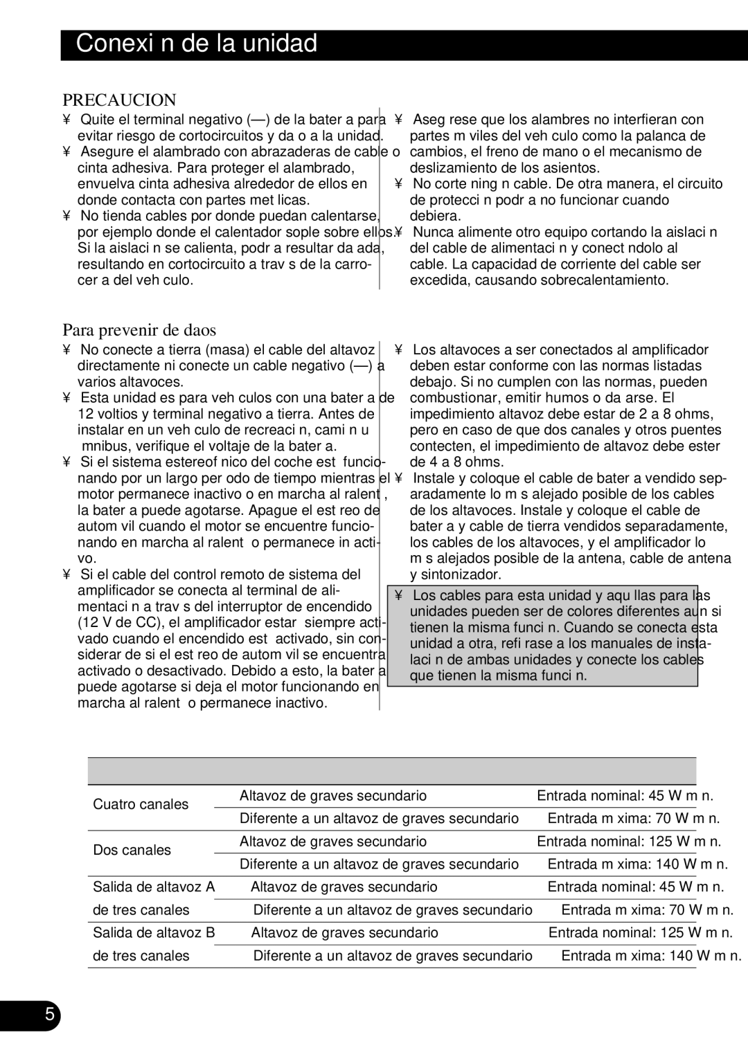 Pioneer GM-X354 owner manual Conexión de la unidad, Para prevenir de daños, Tipo de altavoz Alimentación 