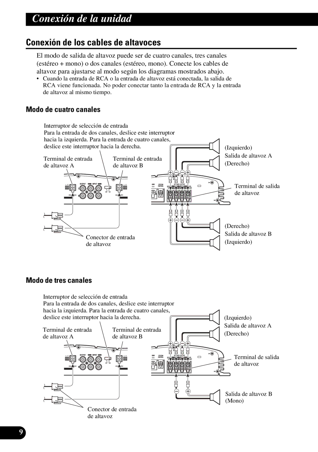 Pioneer GM-X354 owner manual Conexión de los cables de altavoces, Modo de cuatro canales, Modo de tres canales 