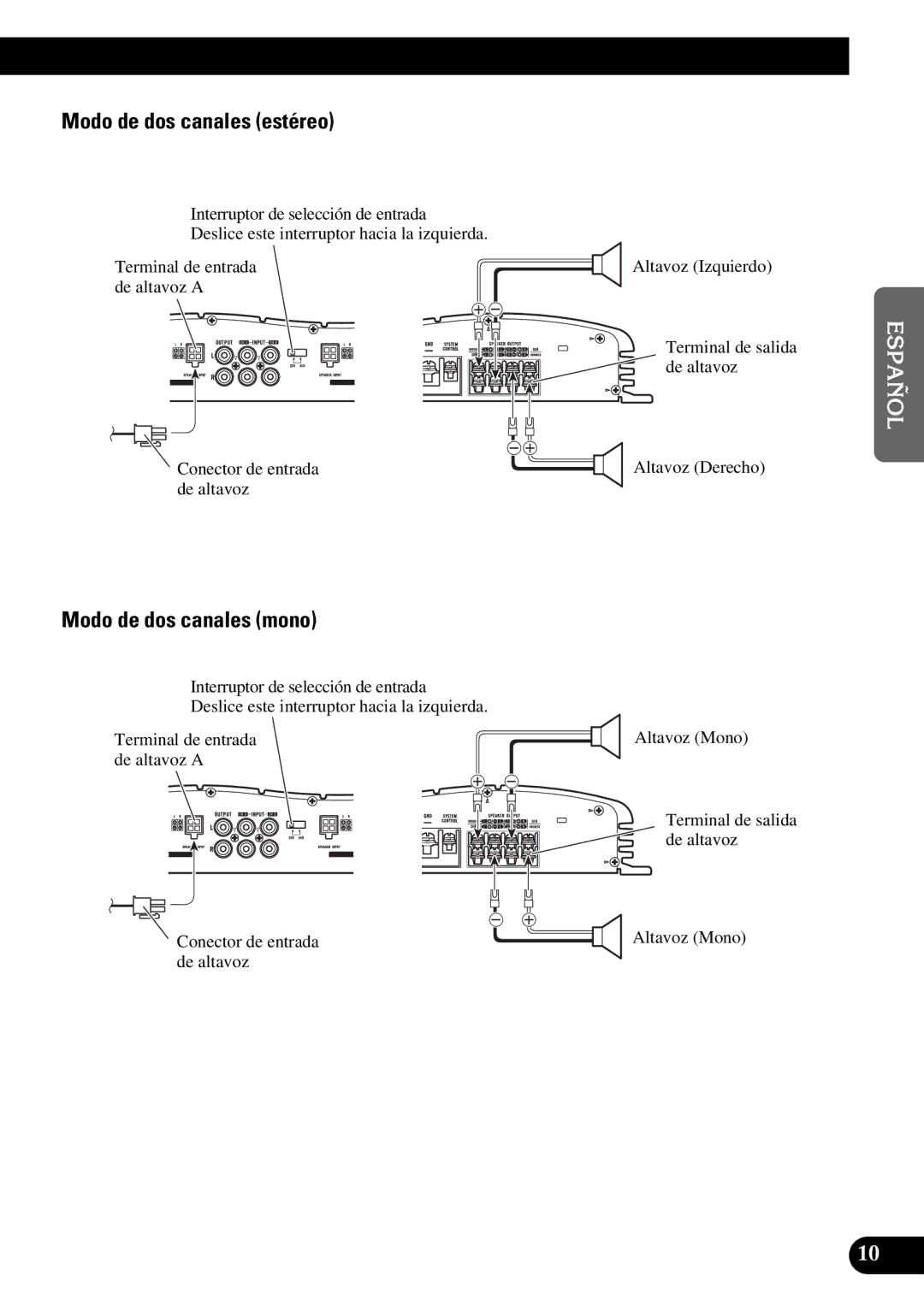 Pioneer GM-X354 owner manual Modo de dos canales estéreo, Modo de dos canales mono, Conector de entrada de altavoz 