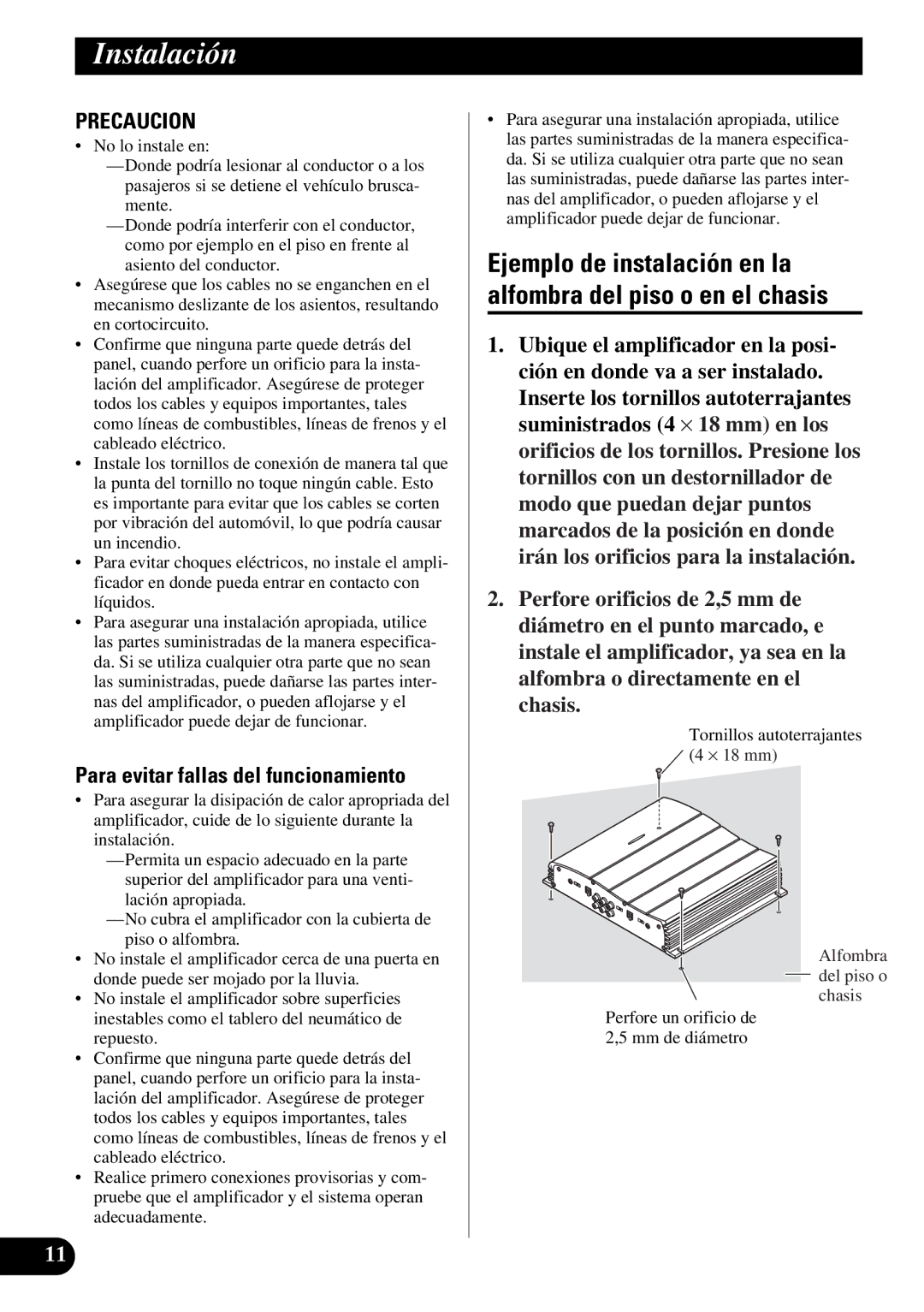 Pioneer GM-X354 owner manual Instalación, Para evitar fallas del funcionamiento 