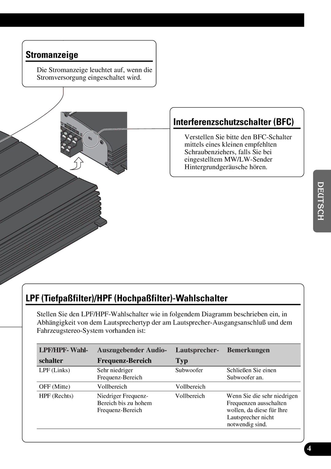 Pioneer GM-X354 owner manual Stromanzeige, Interferenzschutzschalter BFC, LPF Tiefpaßfilter/HPF Hochpaßfilter-Wahlschalter 