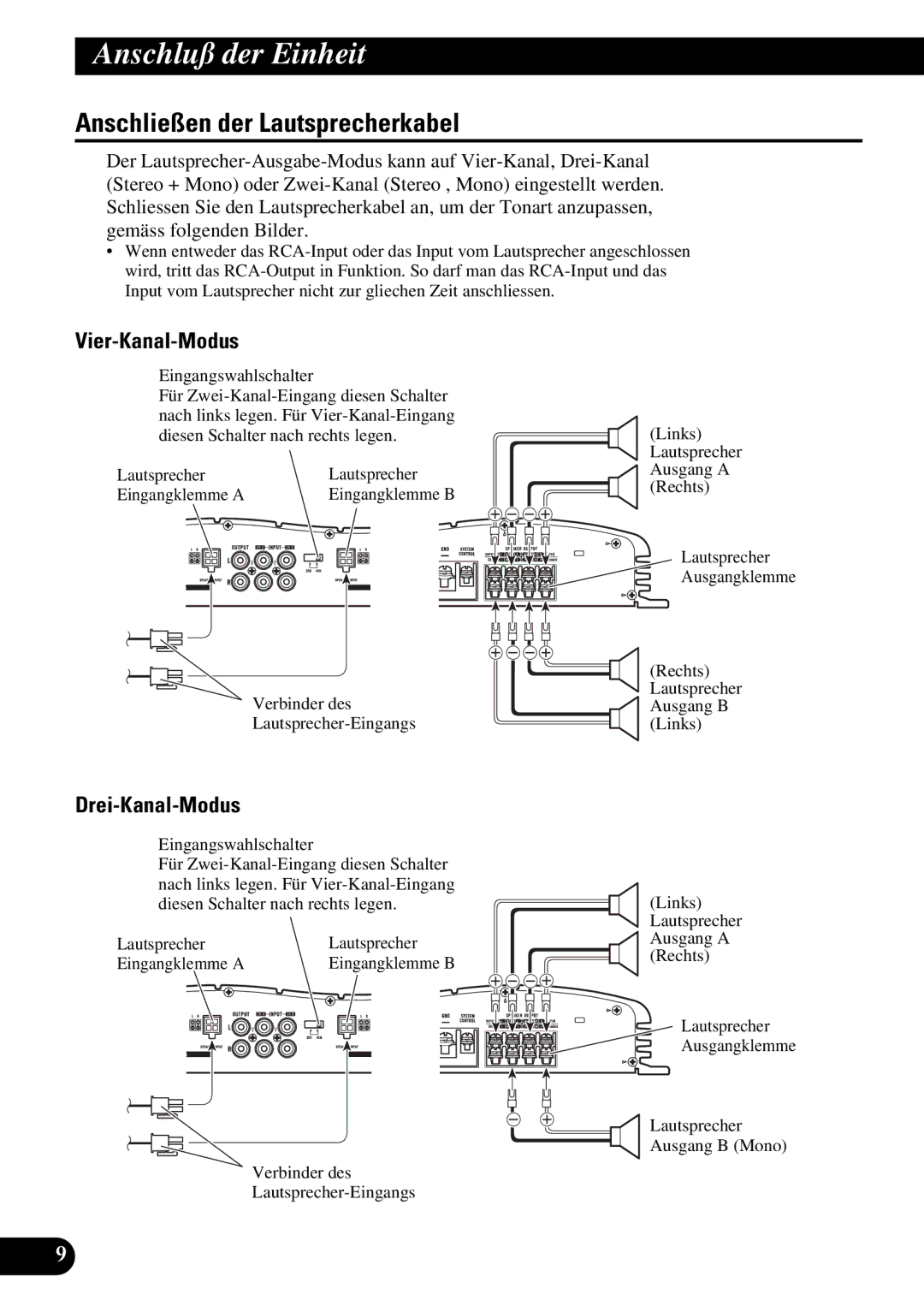 Pioneer GM-X354 owner manual Anschließen der Lautsprecherkabel, Vier-Kanal-Modus, Drei-Kanal-Modus 