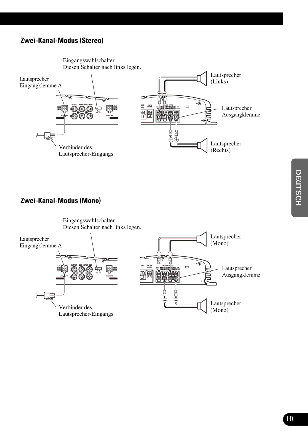 Pioneer GM-X354 owner manual Zwei-Kanal-Modus Stereo, Zwei-Kanal-Modus Mono, Lautsprecher Rechts 