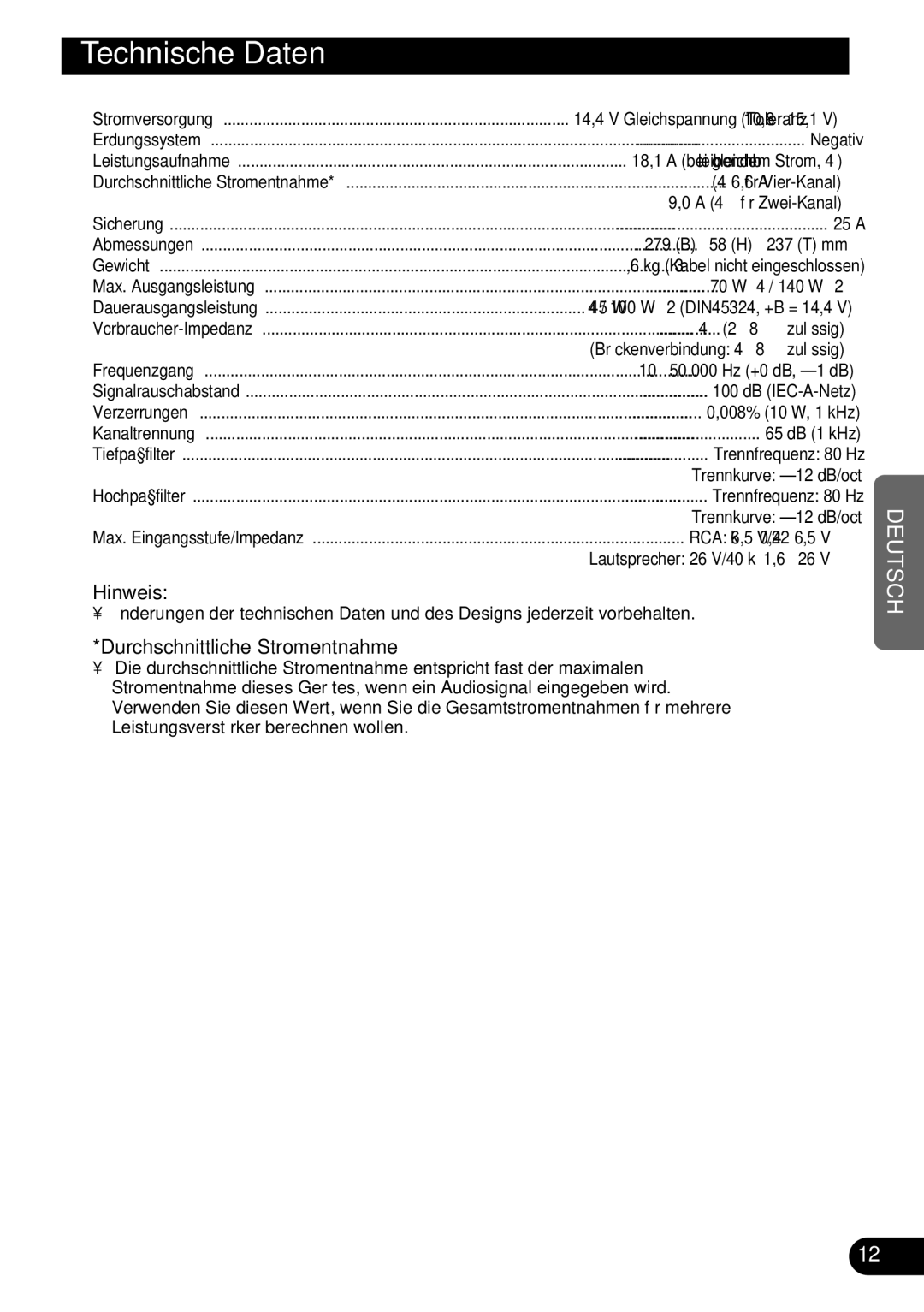 Pioneer GM-X354 owner manual Technische Daten, Hinweis, Durchschnittliche Stromentnahme 