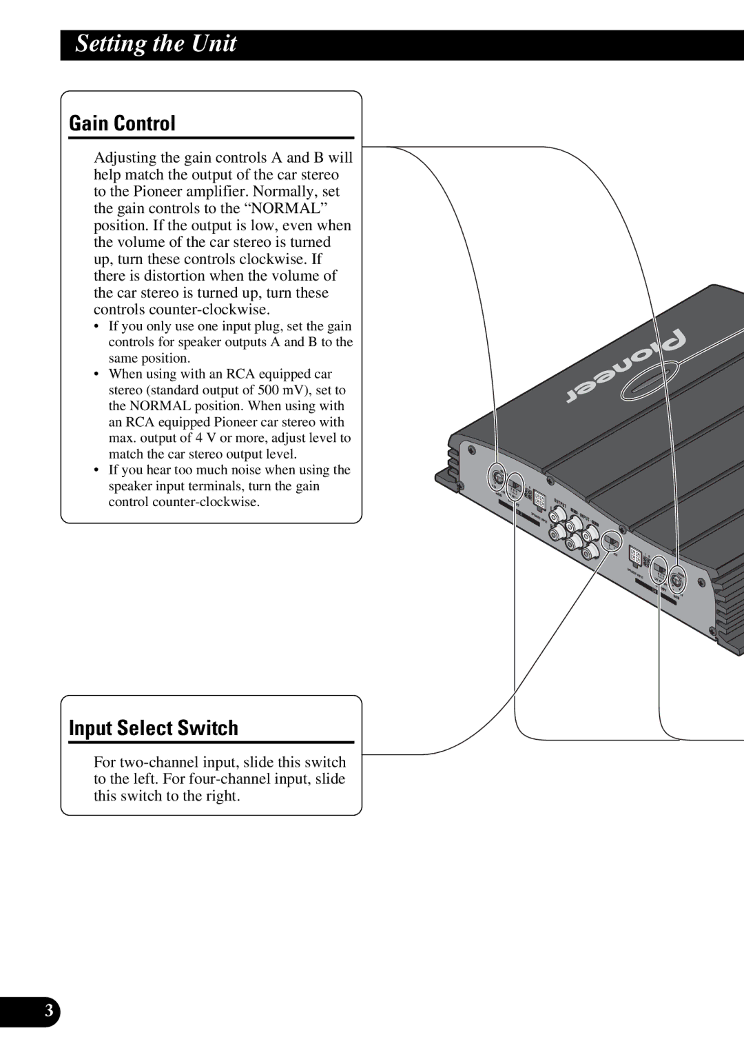 Pioneer GM-X354 owner manual Setting the Unit, Gain Control, Input Select Switch 