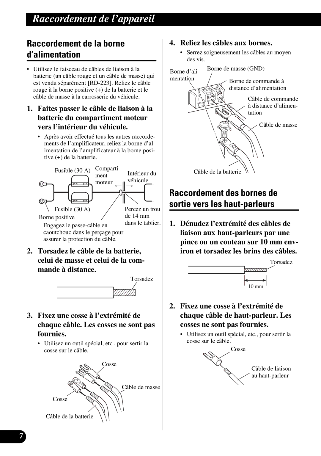 Pioneer GM-X354 owner manual Raccordement de la borne d’alimentation, Reliez les câbles aux bornes 