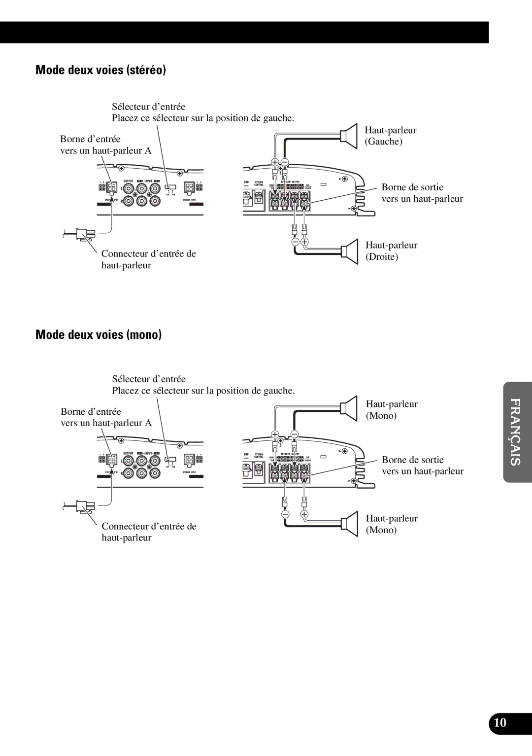 Pioneer GM-X354 owner manual Mode deux voies stéréo, Mode deux voies mono, Haut-parleur Droite Haut-parleur Mono 