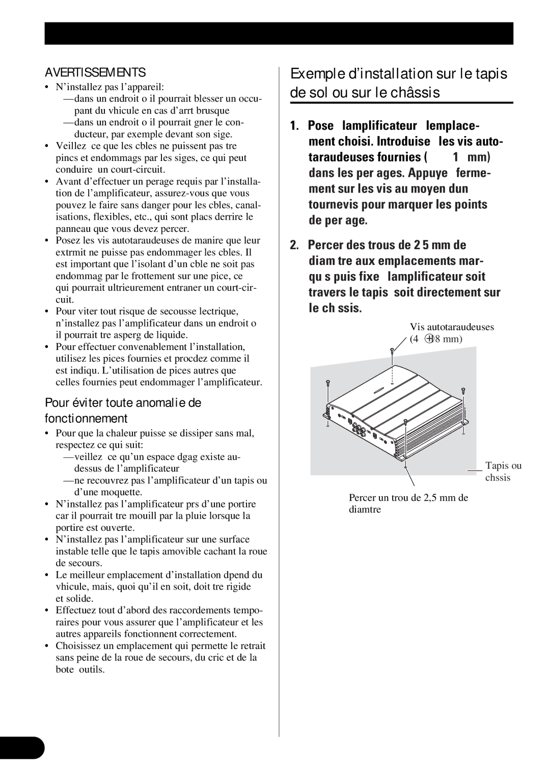 Pioneer GM-X354 owner manual ’installez pas l’appareil, Vis autotaraudeuses ⋅ 18 mm, Percer un trou de 2,5 mm de diamètre 