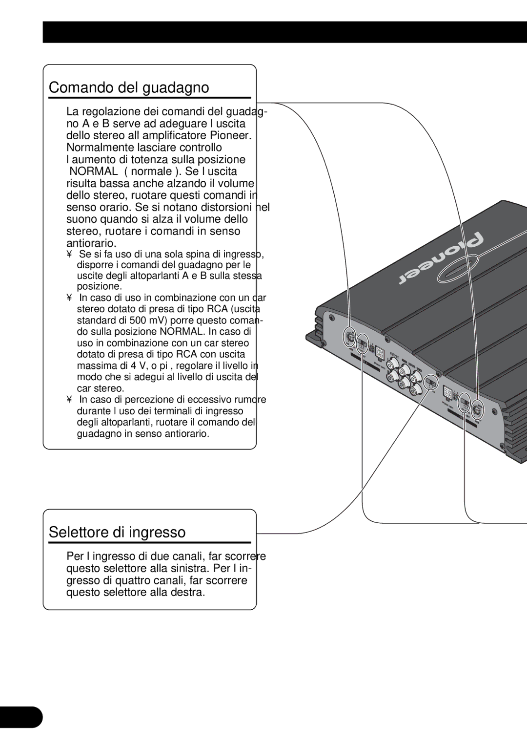 Pioneer GM-X354 owner manual Regolazione di questa unità, Comando del guadagno, Selettore di ingresso 