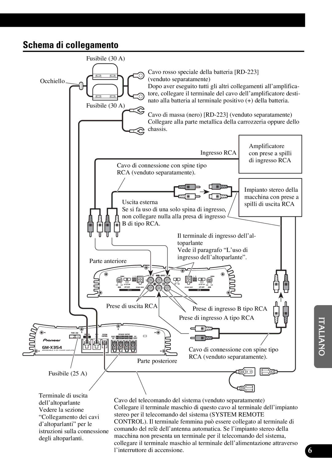 Pioneer GM-X354 Schema di collegamento, Uscita esterna, Spilli di uscita RCA, Se si fa uso di una solo spina di ingresso 